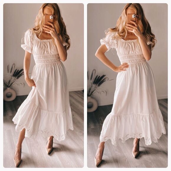 H&M Embroided Eyelet Dress Openwork White Poplin New - Picture 1 of 4